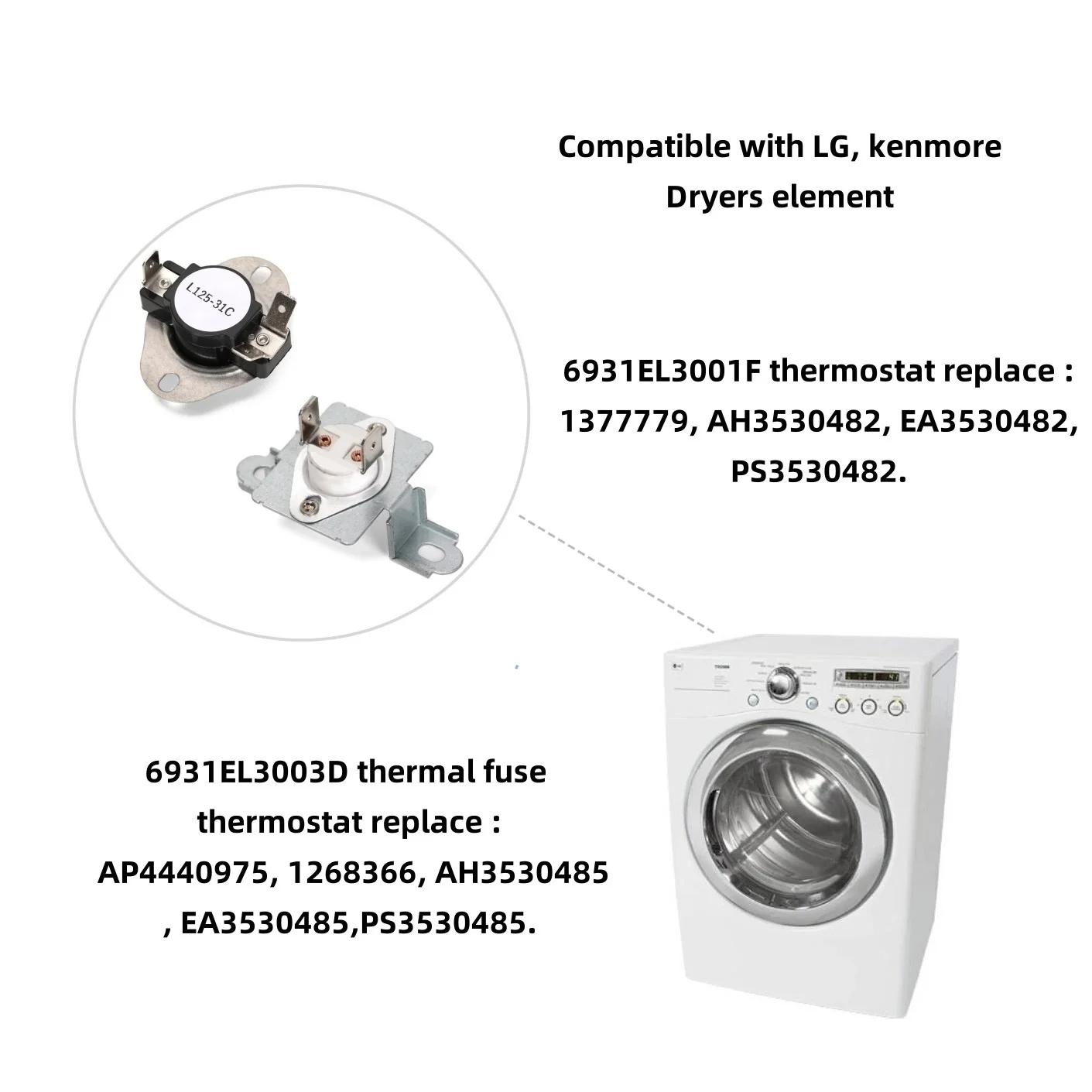 Imagem -06 - Conjunto do Termostato do Fusível Térmico Compatível com o Elemento de Secadores lg Kenmore Ap4440975 6931el3001f 6931el3003d Ps3530485 Dle5955w Ap4440975