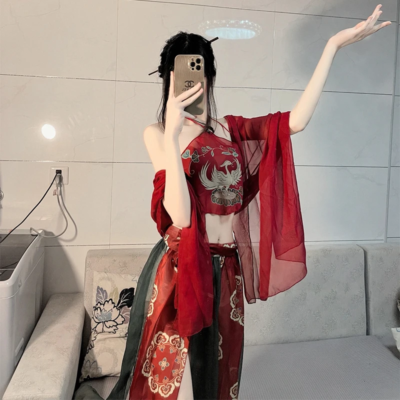 Cina Merah Seksi Hanbok Celemek Wanita Warna Solid Keinginan Lingerie Sling Gaun Seragam Seksi Selendang Godaan Piyama Set