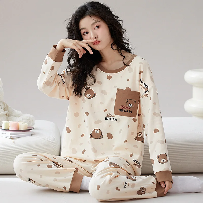 Autumn Spring Women Cotton Pajamas Set Printing Sleepwear for Girl Fashion Long Sleeve O-neck Cute Sweet Pajamas