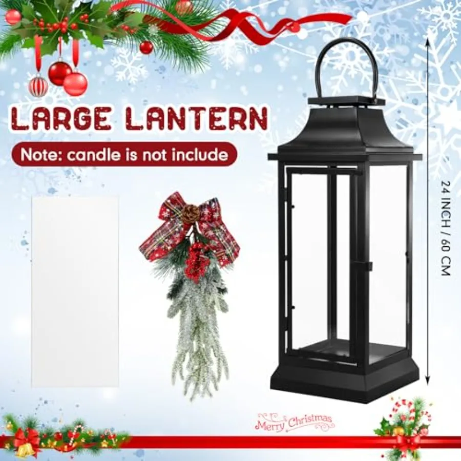 Lanterne natalizie grandi da 24 pollici con pannelli in vetro e nastro decorativo rosso per uso esterno e interno Appendere in metallo nero