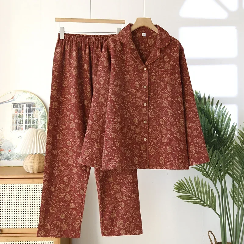 2025 春と秋の新女性のパジャマセット綿 100% ガーゼ大ジャカード長袖長ズボンツーピースホーム服