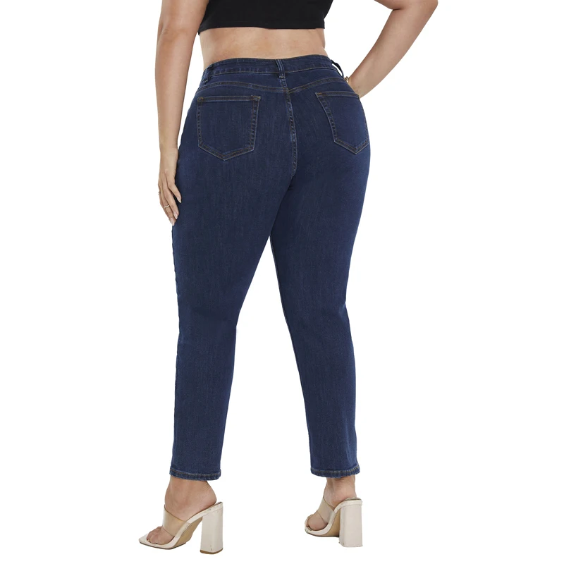 Plus Size Women Jeans Spring Stretchy Straight Loose Blue Full Length Mid Rise Waist Washing 4XL 6XL 110 Kgs Lady Pants