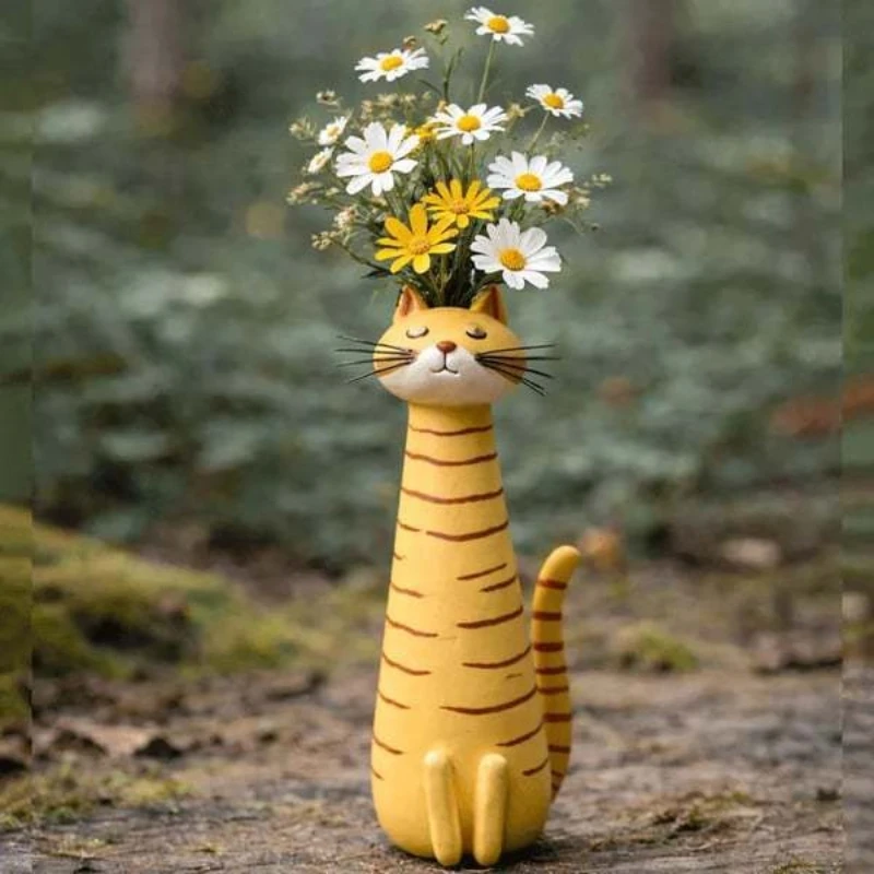 Cat Shaped Resin Vase Cute Long Necked Cat for Flower Arrangement or Ornament Home Desktop Floral Decoration Great Gifts