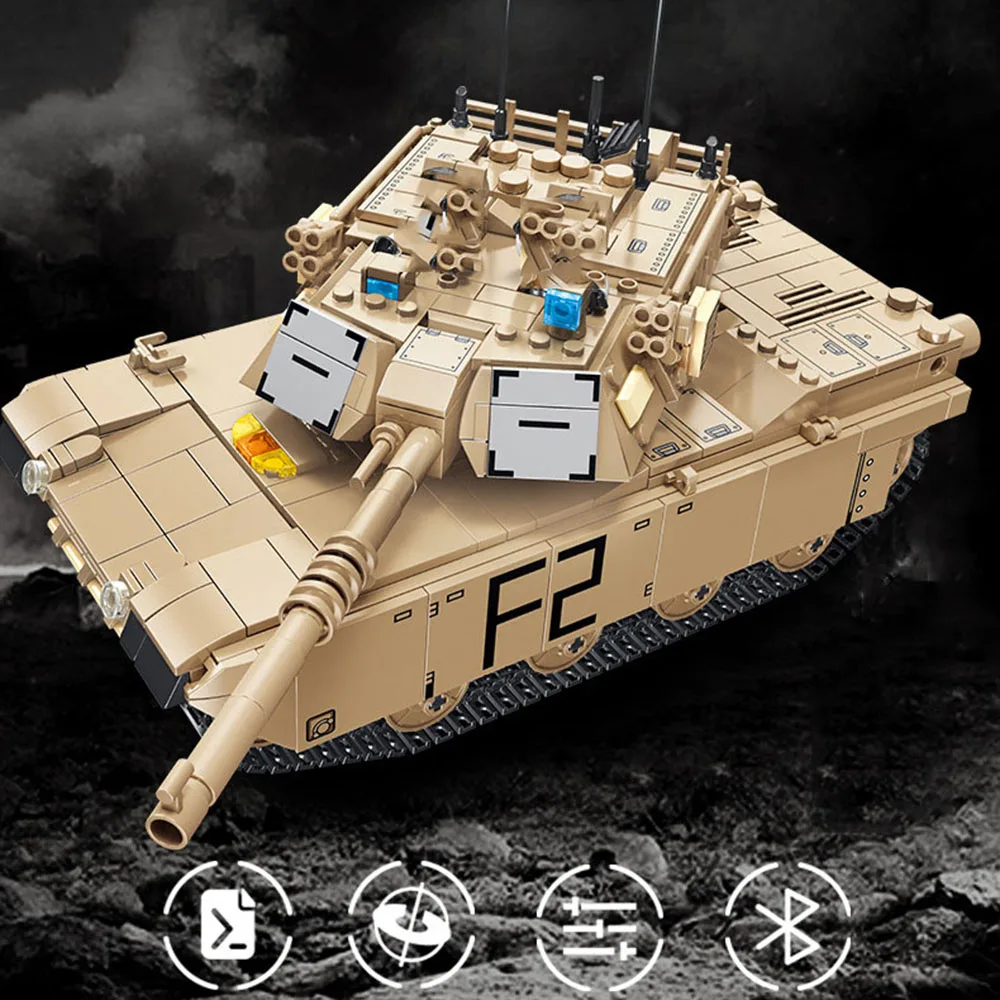 Tank Tempur Utama M1A2 Abrams Amerika, Kendaraan Militer Remote Control 2.4Ghz Perang Dunia, Blok Bangunan Figur Tentara, Mainan RC APP
