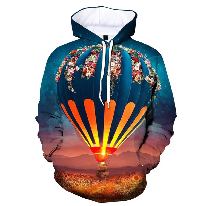 3D Printed Hot Air Balloon Hoodie For Men Colorful Pattern Long Sleeves Fashion Casual Sweatshirt Loose Pullover Hoodies Tops