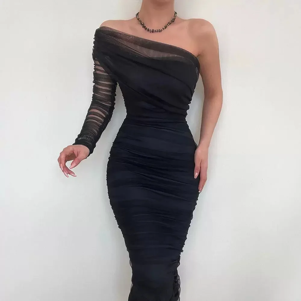 Dress for Women Streetwear New Autumn 2024 Elegant Party One Shoulder Ruched Sheer Mesh Skirt Sexy Evening Dresses for Female