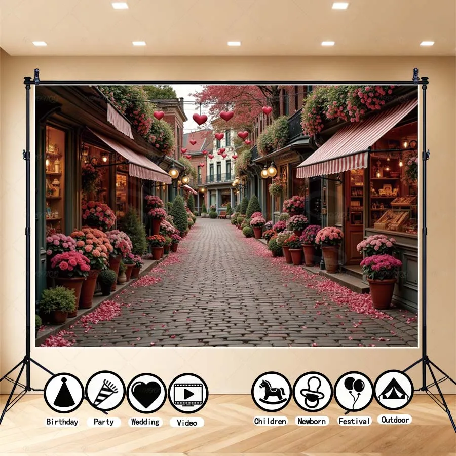 

MOON.QG Valentine's Day Flower Shop Photo Background Rose Street Backdrop Studio Women Portrait Decoration Wedding Shooting Prop