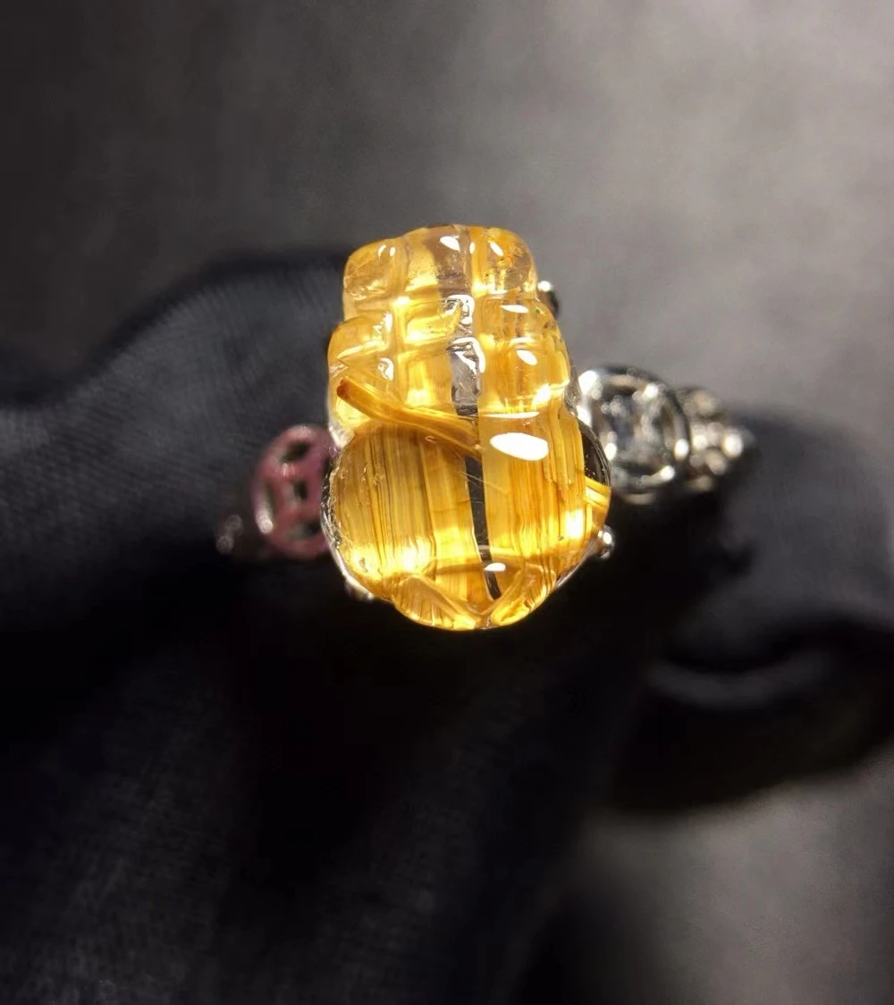 Natural Gold Rutilated Quartz Adjustable Ring 11*8mm 925 Silver Pi XIu Women Yellow Rutilated Beads AAAAAA