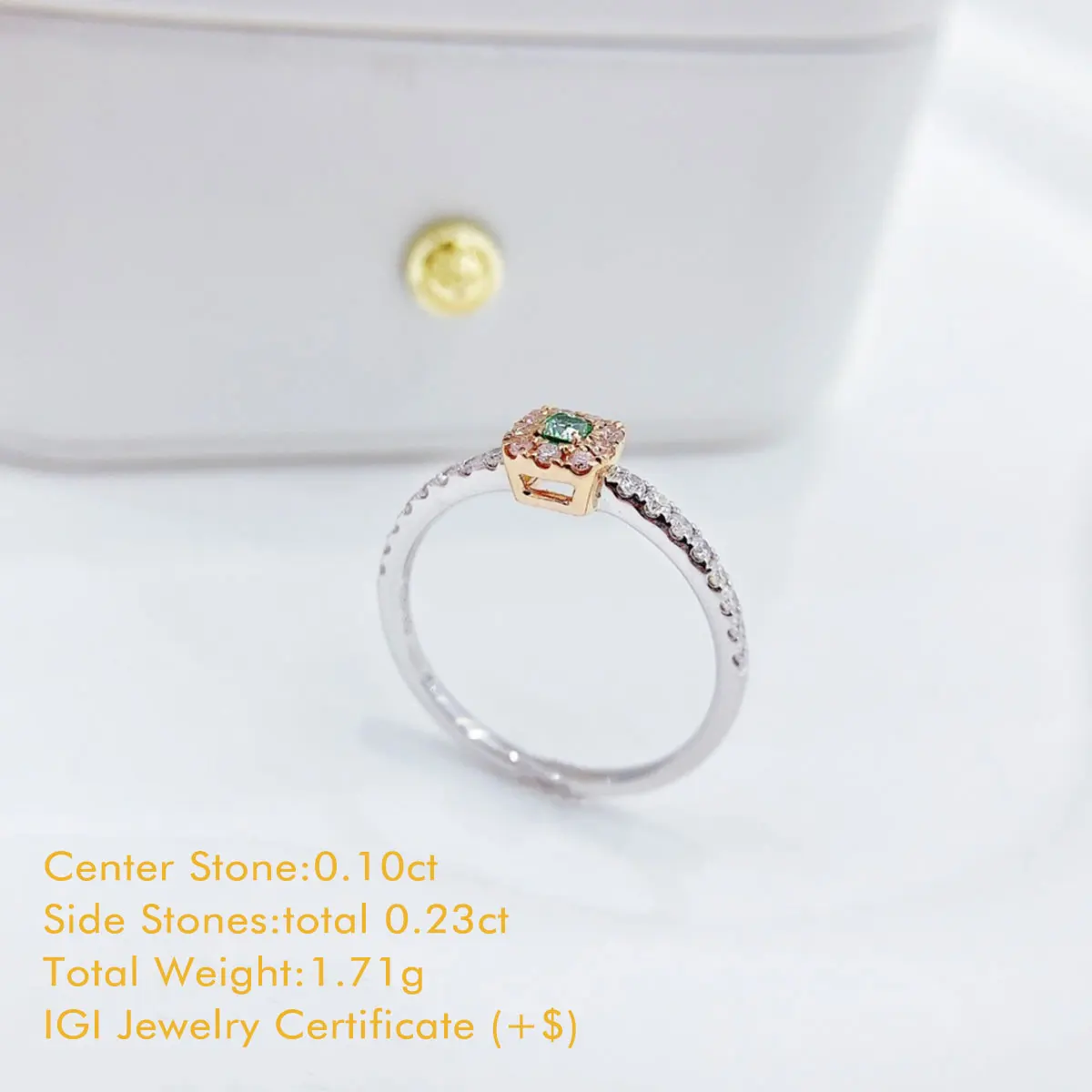18K White Gold Diamond Halo Engagement Ring Total 0.33ct Cushion Natural Green Diamond Ring Pavé Shank Diamond Ring For Women