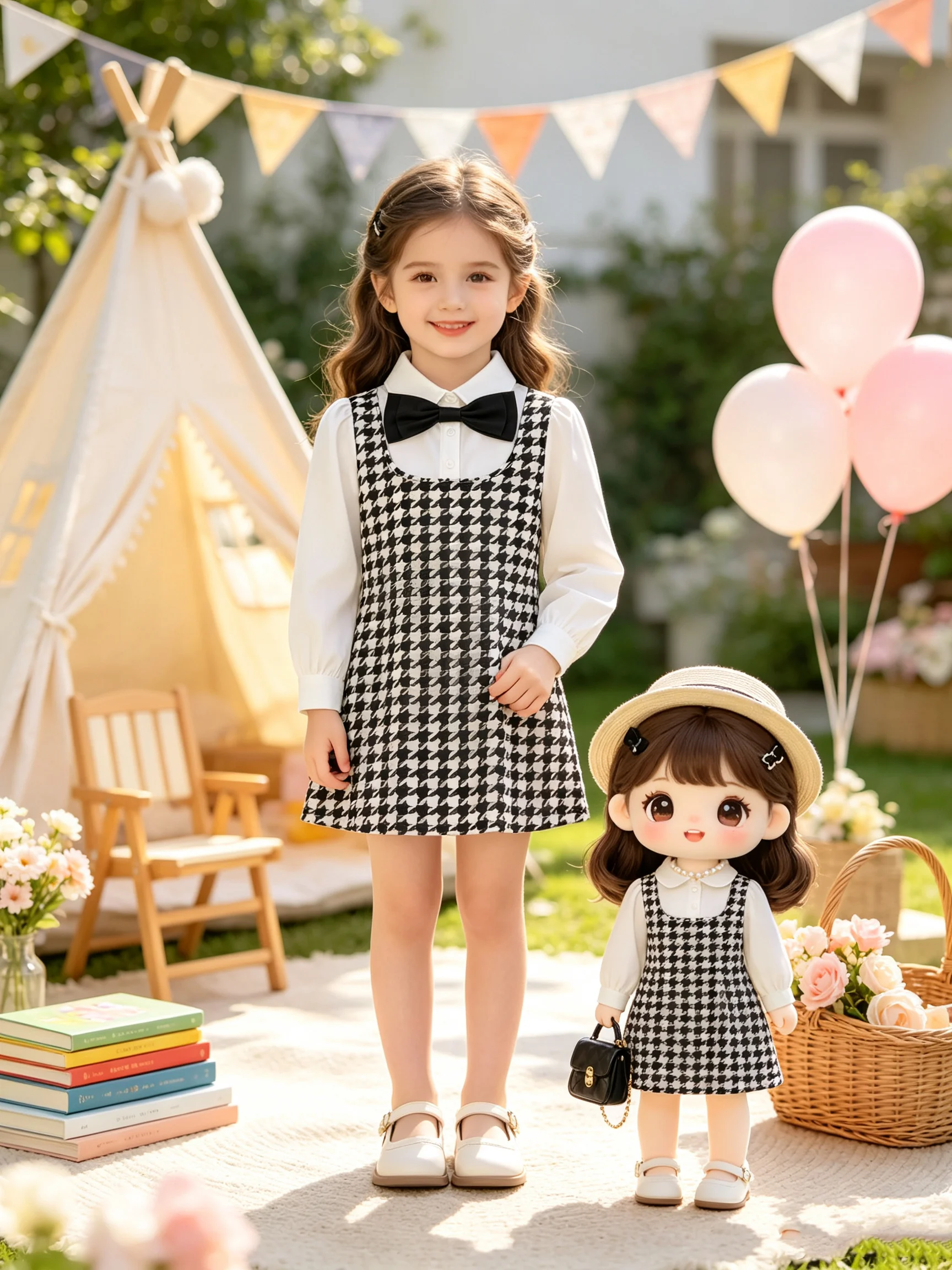 Girls Long Sleeved Shirt Dress with Millennium Grid Suspender Autumn Lapel Button Fake Two-Piece Children's Clothing