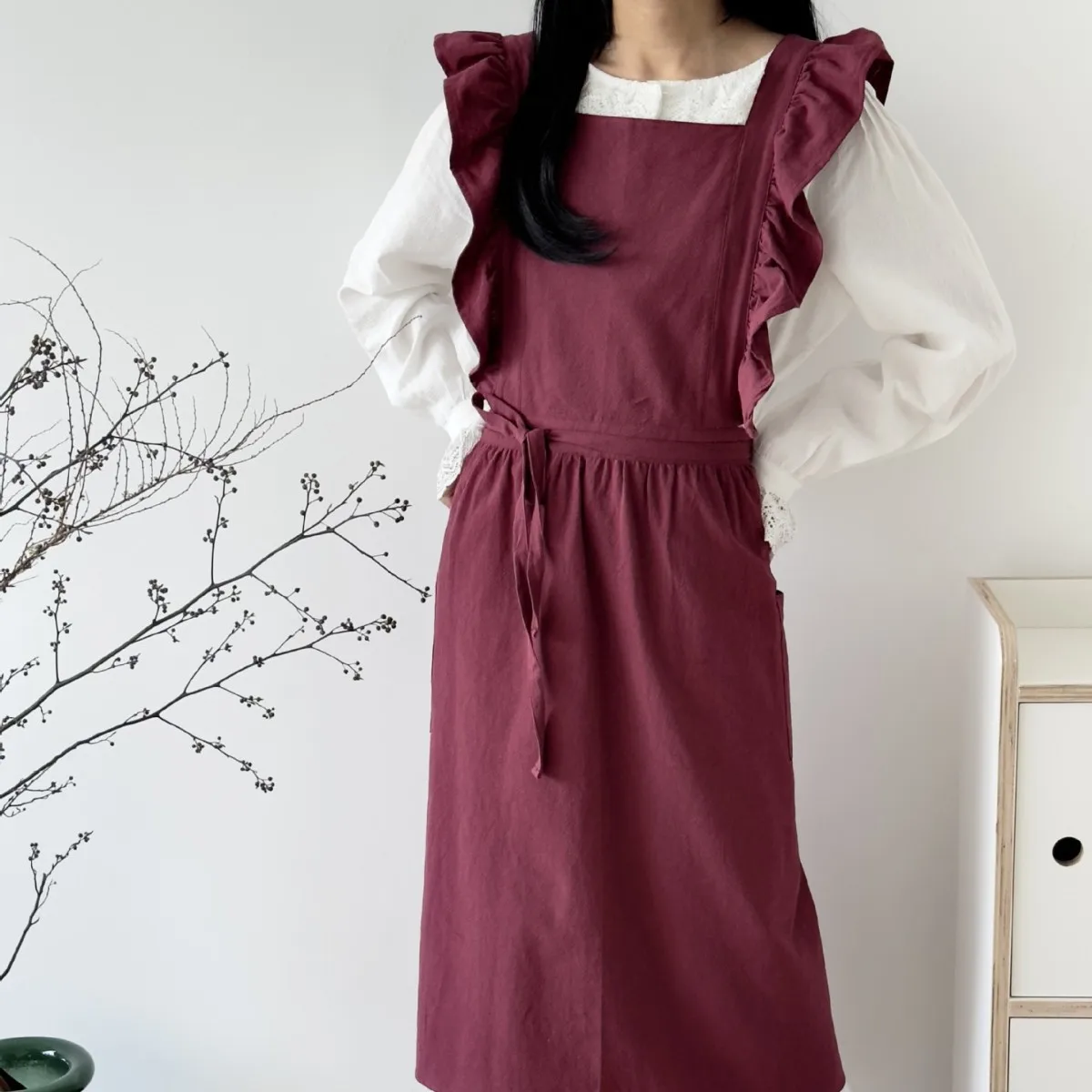 1PC French Pastoral Florist Artsy Cotton Linen Vintage Apron Kitchen Baked Nordic Solid Color Ruffled Apron view 6