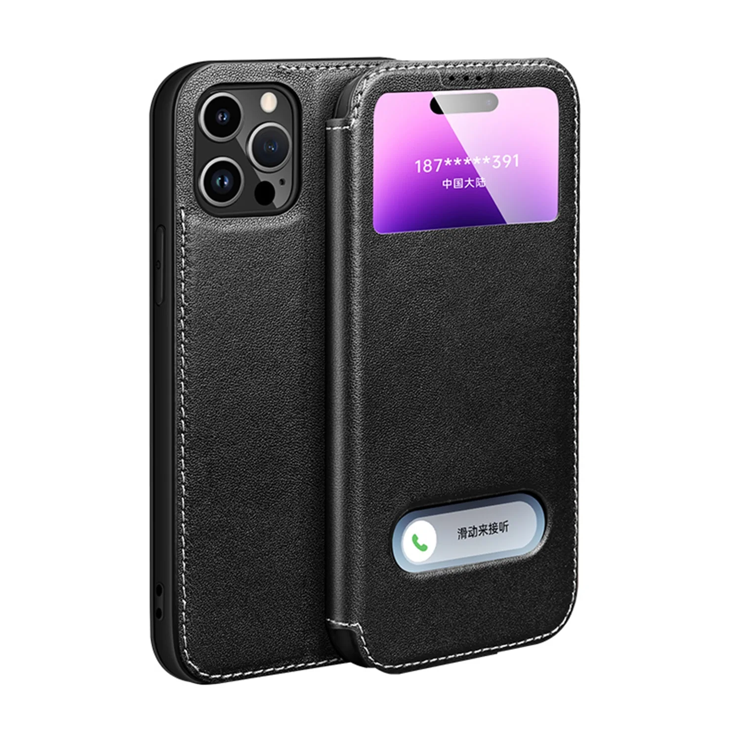 Luxury Daul Window View Genuine Leather Case for iPhone 16 Pro Max 11 Pro 12 13 Mini 14 15 16 Plus Magnetic Closure Flip Cover