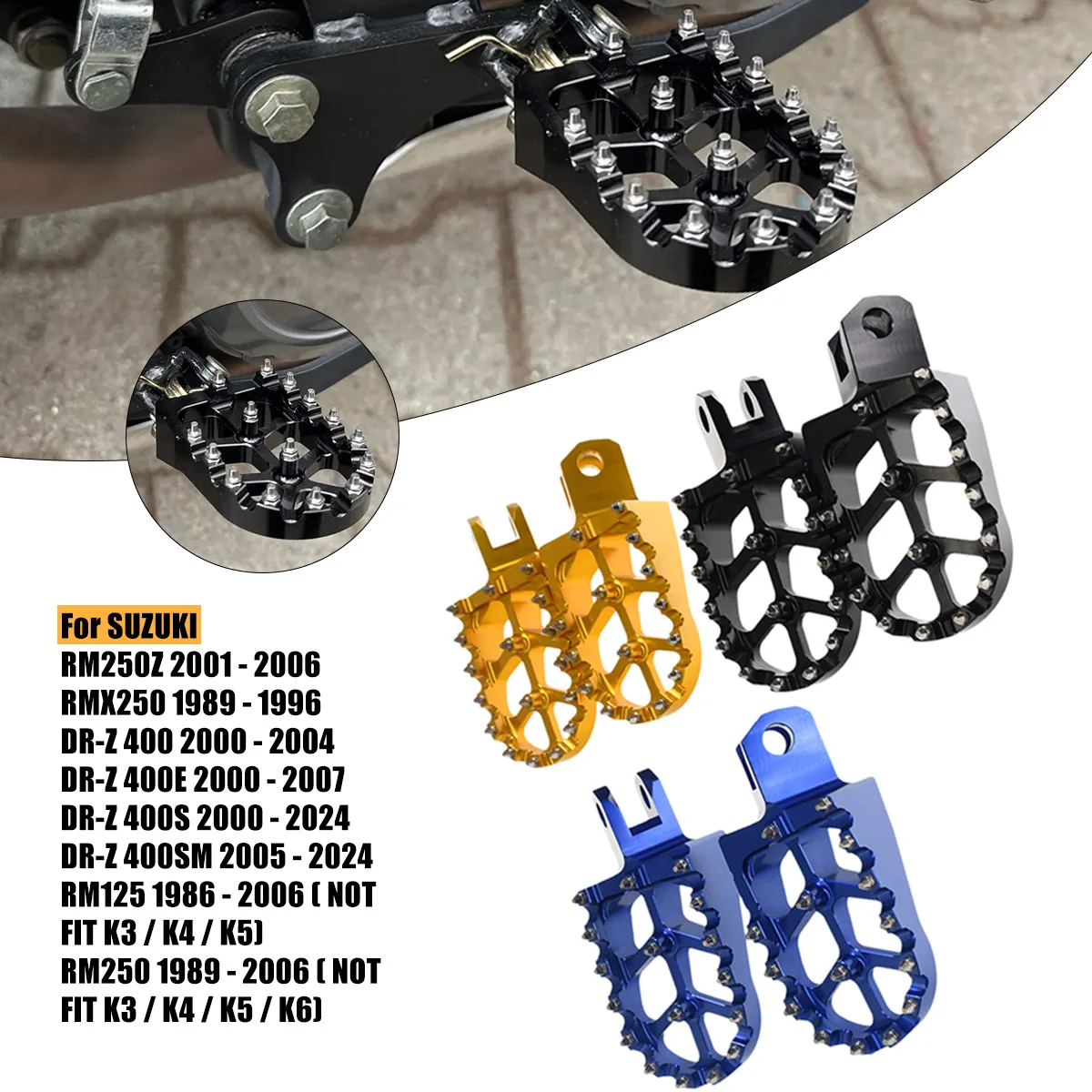 Verbreiterte rutschfeste Fußrasten-Fußstützenpedale für Suzuki DRZ400 DRZ400S DRZ400SM RM125 RM250 RM250Z RMX250 Motorradzubehör