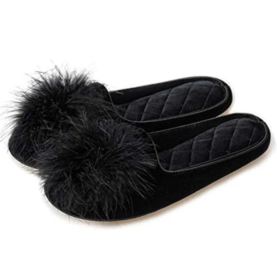 GRITHEIM Women's Fuzzy Pom Pom Velvet Memory Foam House Slippers Ladies Cozy Chenille Knit Bedroom Slippers Non-slip Sole Indoo