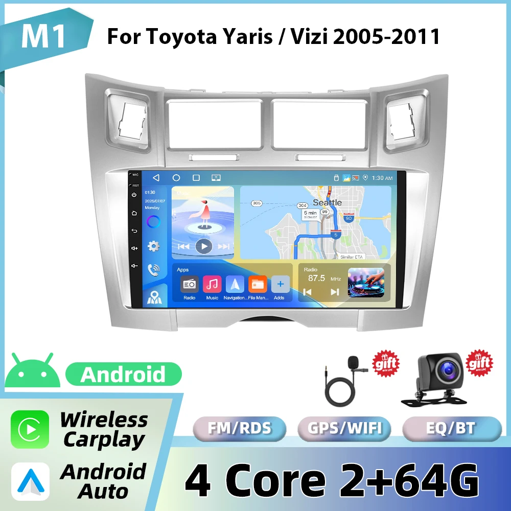 Podofo draadloze CarPlay voor Apple voor Toyota Yaris/Vizi 2005-2011 Android Auto autoradio GPS FM/RDS WiFi BT multimediasysteem