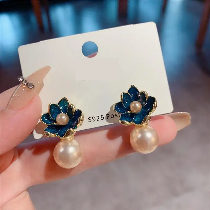 925 Silver Needle Korean Fashion Blue Flower Earrings For Women Jewelry 2024 Trending Women's Vintage Noble Pearl Earrings JN9