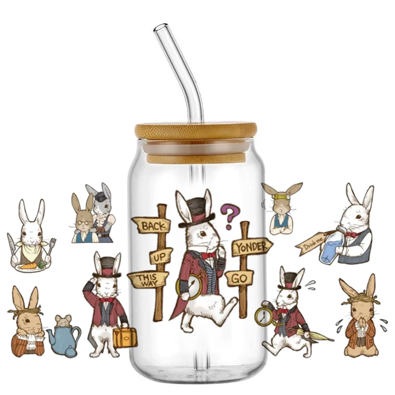 

Новая 3D наклейка «Белый кролик» UV DTF Водонепроницаемая наклейка для переноса для чашки 16 унций DIY Милые мультяшные очки Кружка для телефона Наклейка