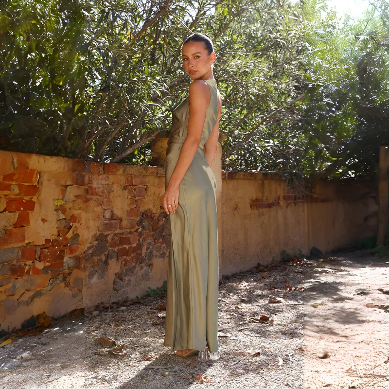 2026 Damen Sommer Sexy Party Einfarbiges Ärmelloses Rückenfreies Langes Kleid mit Hohem Schlitz Satin Maxi-Abendkleid für Hochzeitsgäste Cocktail-Events – Detail 33