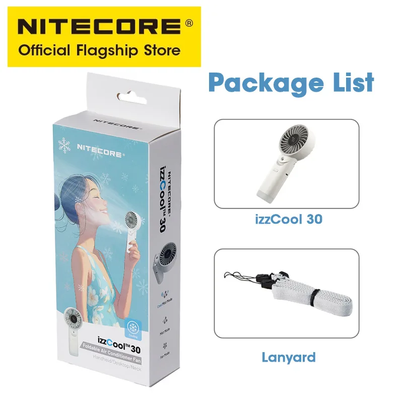 Nitecore izzcool 30 ventilador de ar condicionado dobrável edc portátil acampamento ventilador portátil USB-C recarregável spray resfriamento névoa refrigerador