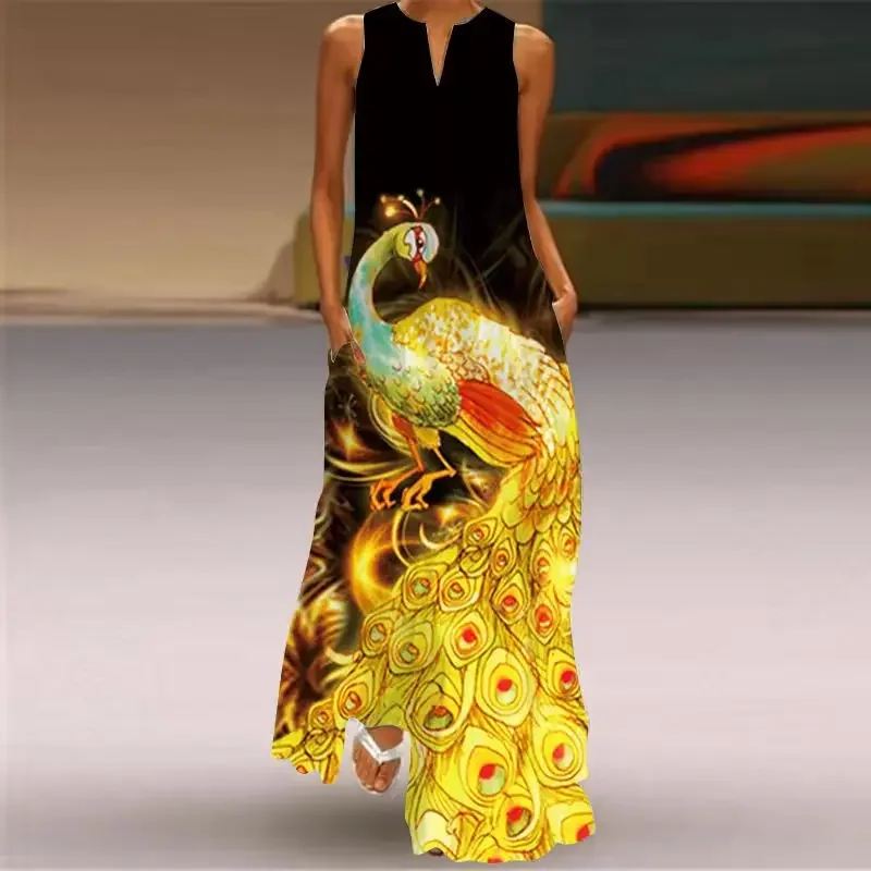 Vintage Printed Boho Maxi Dresses Women Fashion Summer V-Neck Sleeveless Long Dress Party Ladies Elegant Beach A-line Vestidos