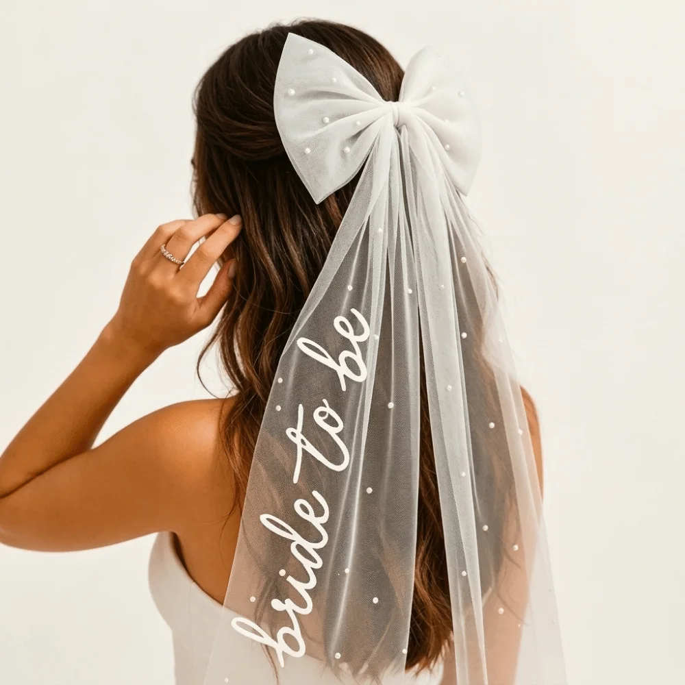 Clothes Match Tulle Bow Bridal Veil Simple Pearl Ribbon Wedding Headdress Retro Elegant Bride Bow Hair Veil Wedding Events