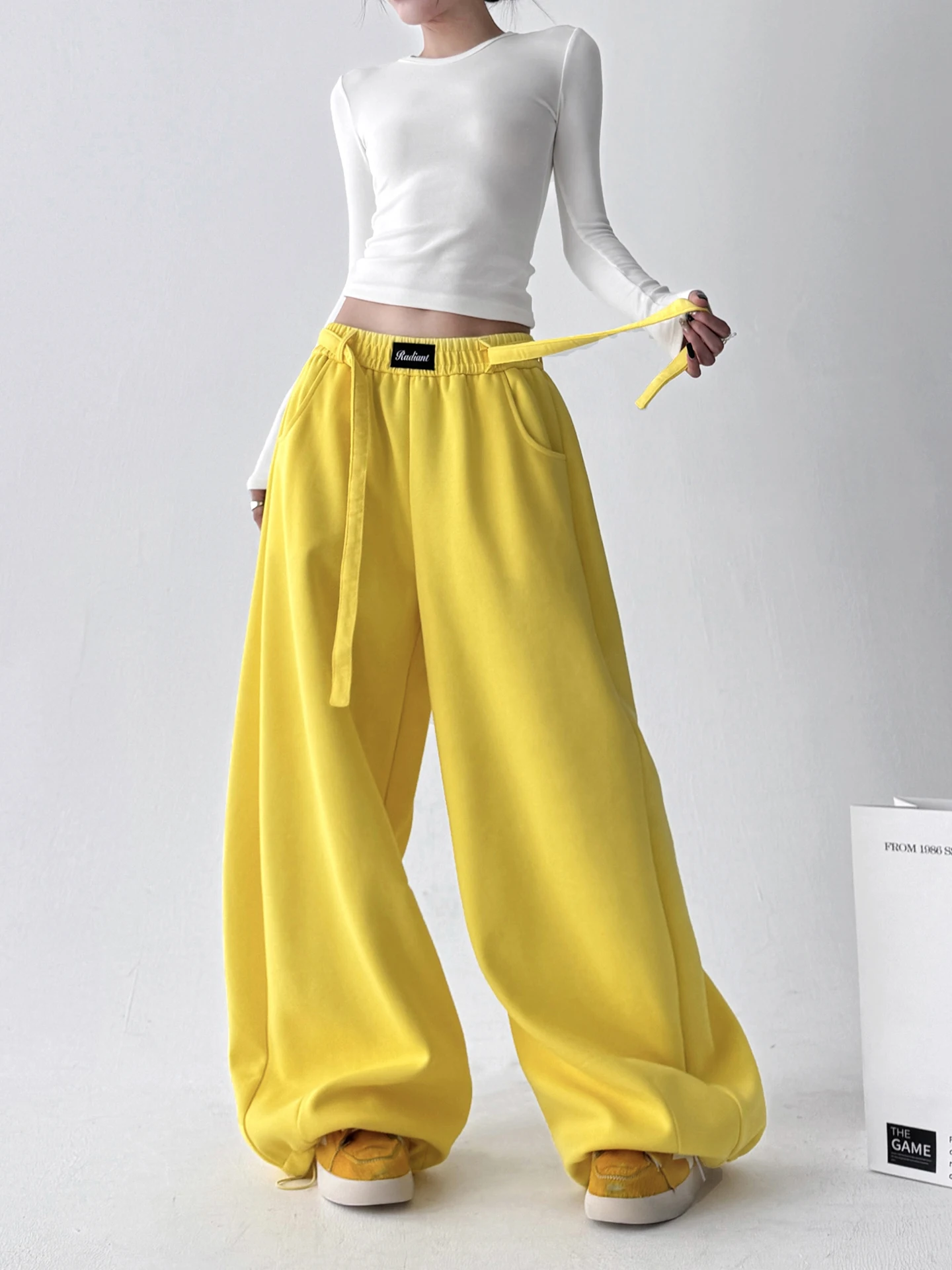 Pantalon à jambes droites et larges pour femmes, jaune, décontracté, amincissant, taille haute, mélange de coton et de Polyester