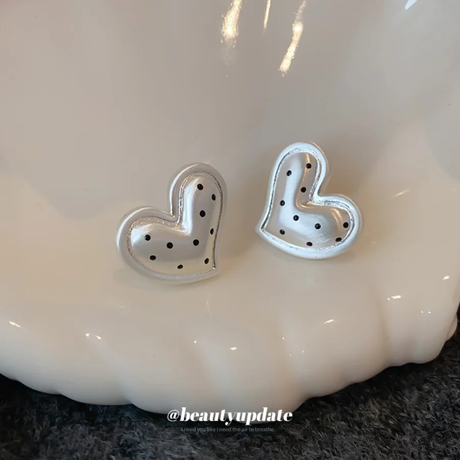 Sweet Puffy Heart Stud Earrings French Style Polka Dot Pearlized Surface Ear Pins Trendy Girl Romantic Daily Dress Jewelry