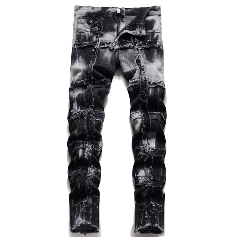 Seasonal Scratched Trouser Feet Men Jeans Worn 3D Splice Slim Black Grey Gradual Color Change Pants Stretch High Street EH·MD®