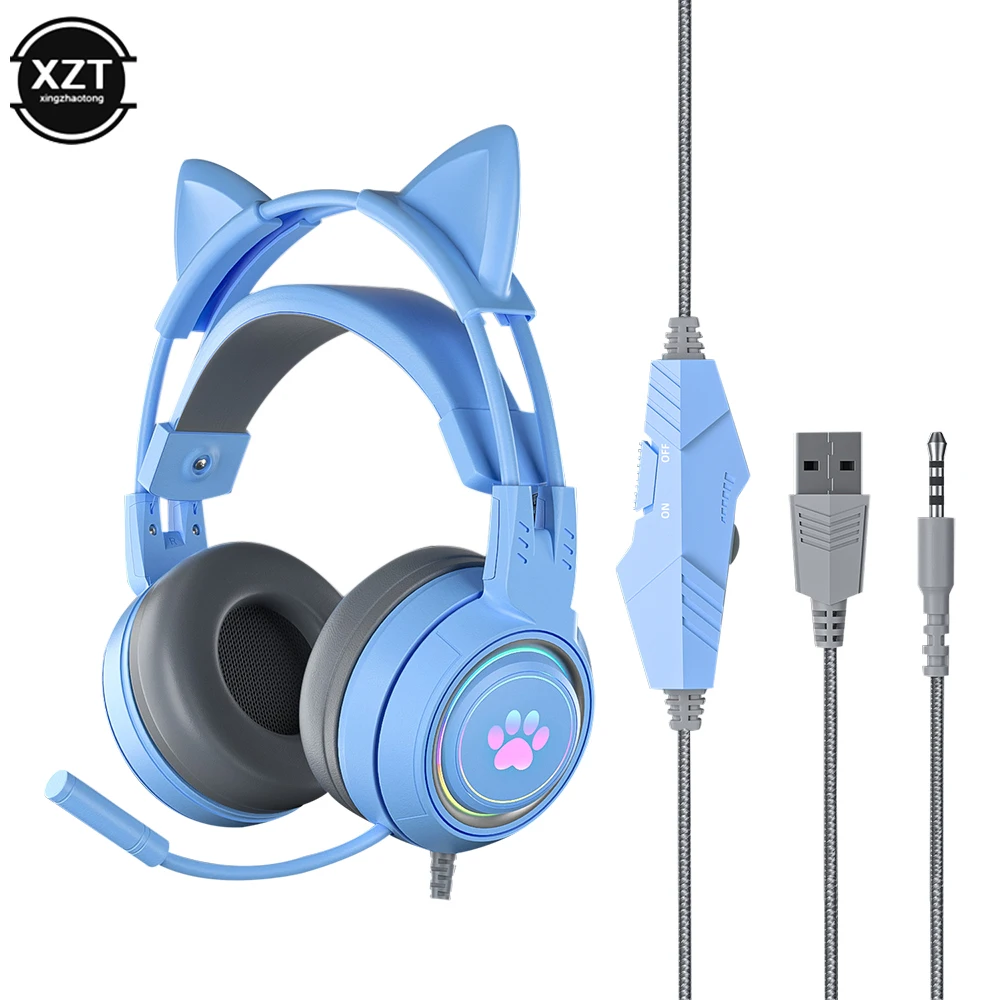 Gaming Headphones Cute Cat Ears Glowing Gaming Headset For PC Computer Gaming Headsets With Mic Noise Cancell Wired USB Headset