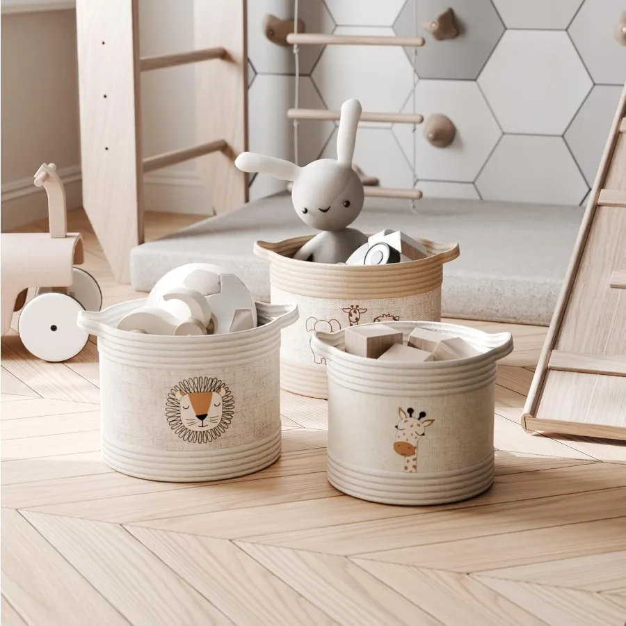 Cestas de armazenamento decorativas para vida selvagem - conjunto de 3 com alça para fácil transporte em marfim, bronzeado e linho