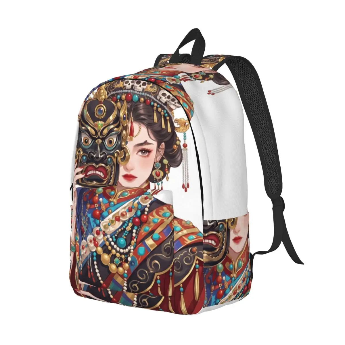 Dark Punk Printed Backpack Center Traditional Mask Ornate Illustration Deep Red Gold Black White Edgy Daypack for School Work