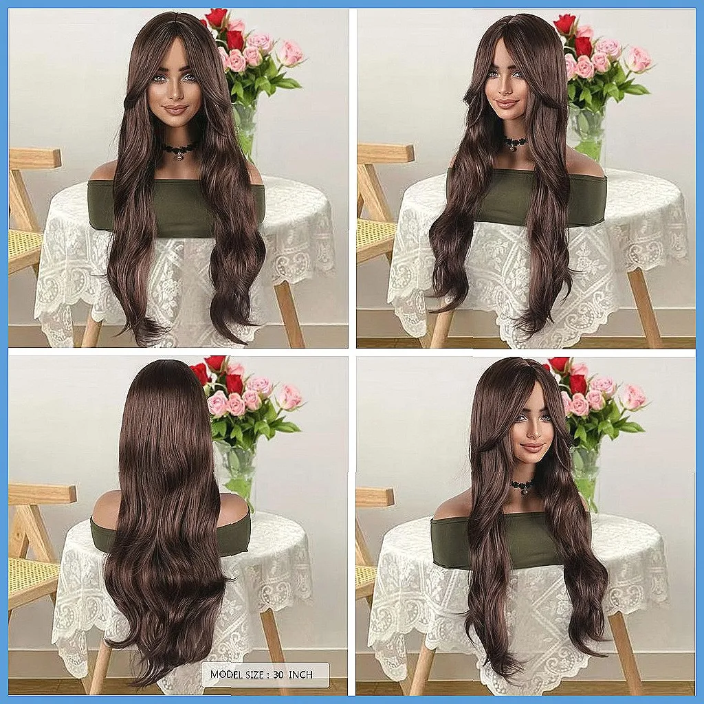 

Fashionable Wavy Long Brown Wig with Middle Part, Heat Resistant Synthetic Full Wig for Women