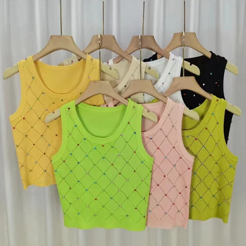 Sommerliches Strass-Strick-Tanktop, lässiges ärmelloses Tanktop mit Rundhalsausschnitt für Damenmode, Crop-Top, Camisole