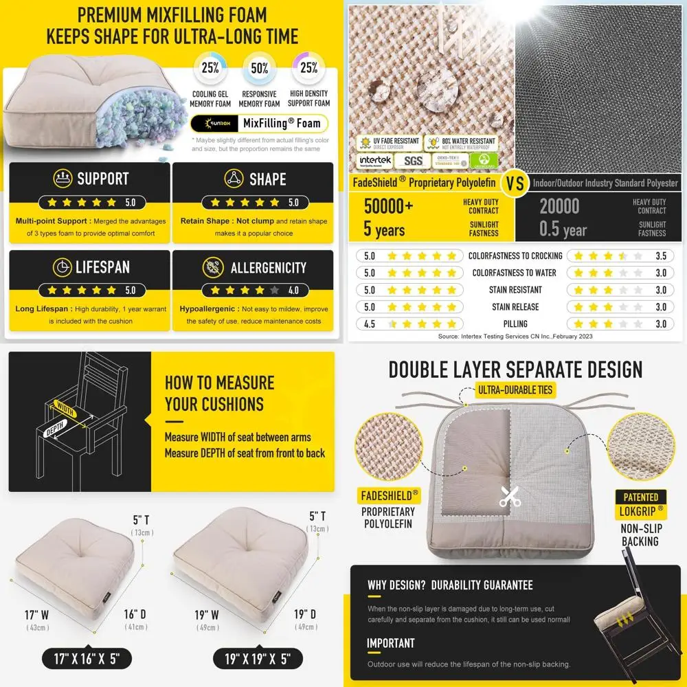 

Memory Foam Cushions for Dining Chairs, Tailbone Support, Stain-Resistant, Set of 6, Husk Birch, 17x16