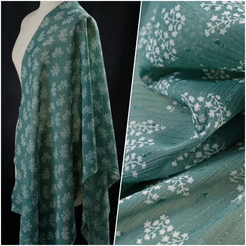 

Imported Soft Light Green Striped Floral Woven Silver Chiffon Mesh Fabric Skirt Hanfu Ancient Style Clothing Fabric