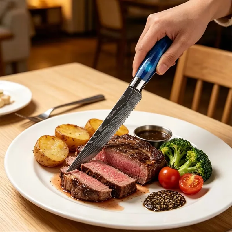 Super Sharp Stainless Steel Laser Damascus Pattern Steak Knife Set Beef Cleaver Multipurpose Restaurant Cutlery Table Knife view 4