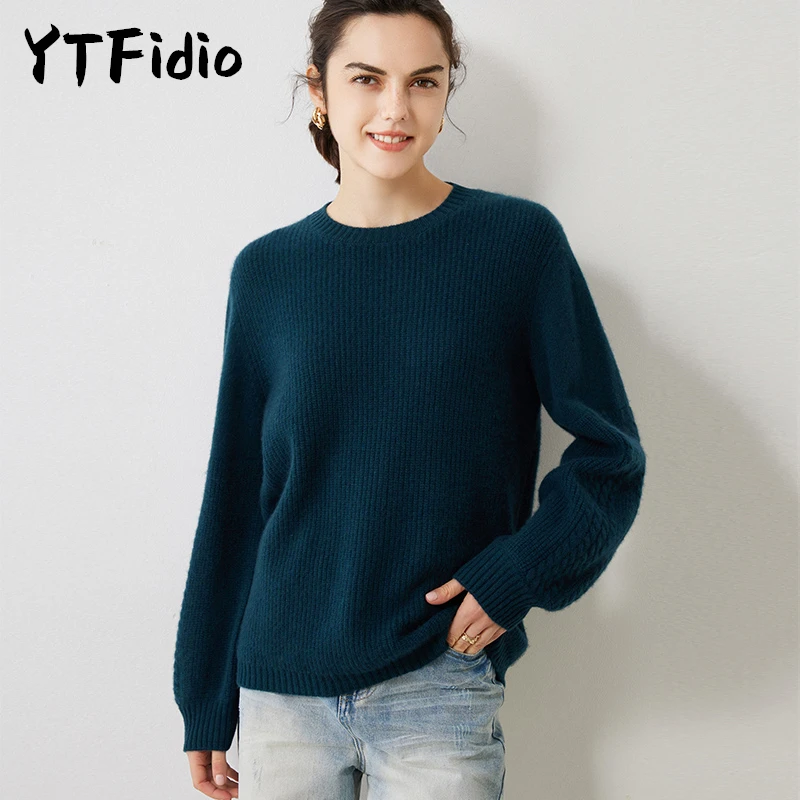 YTFidio 100% Cashmere Women O-neck Puff Sleeve Solid Knitted Tops Sweaters Soft Warm Loose Casual Pullovers Jumpers 28