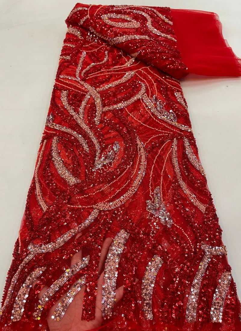 

5 ярдов роскошной африканской кружевной ткани с пайетками 2026 года, высококачественная вышитая бисером сетчатая ткань для женских свадебных платьев