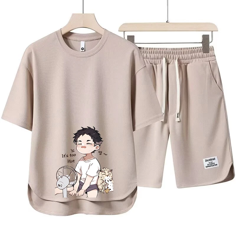

Летний повседневный спортивный комплект для подростков: свободная футболка и шорты из полиэстера, модный и универсальный, с коротким рукавом