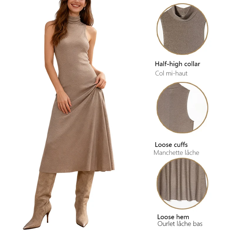 2025 Winter New Arrival, metallic-colored sleeveless dress with a semi-high collar design and sleeveless cut.