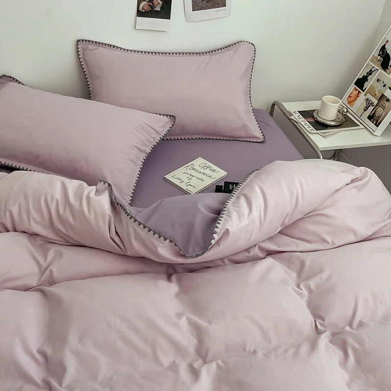 3pcs Solid Color High Quality Duvet Cover Set Luxury Purple Comforter Cover with 2 Pillowcases Triangle Sewn Edge Design Bedding