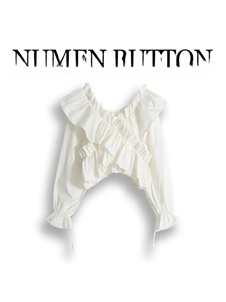 

Sweet And Spicy Sle Bell Sve irt Высокая талия V Ne Цветочная отделка Микро-большие размеры oulder Bared Neline Корейская версия