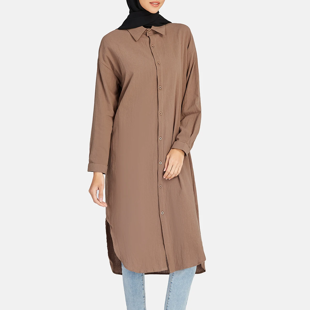 Women's Plain Casual Long Sleeve Shirt Dress Muslimah Cardigan Blouse Cotton Linen Loose Lady Abaya Summer Tunic Jilbab S-3XL