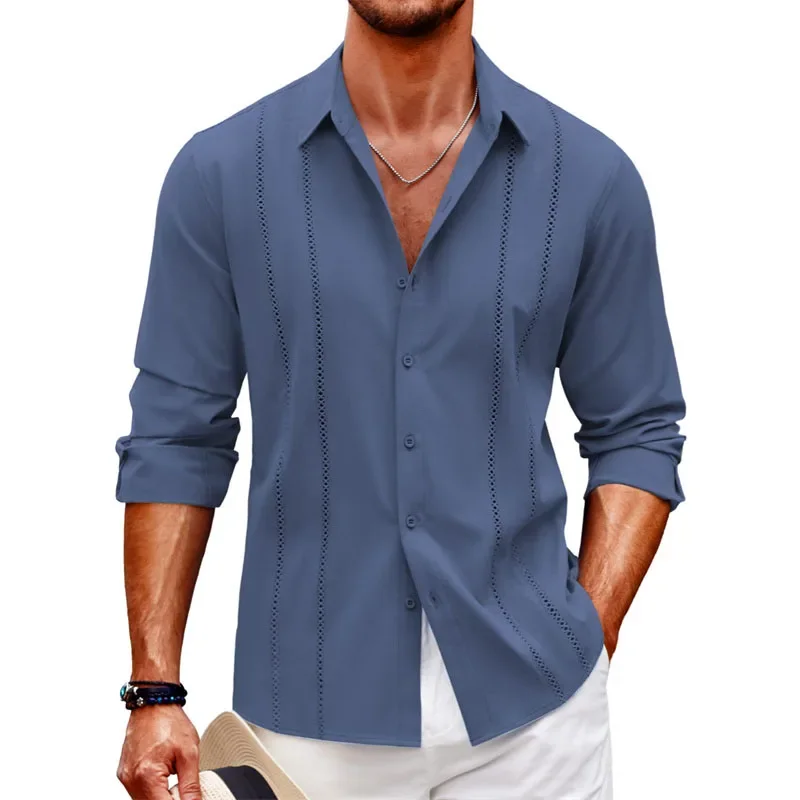 Simple casual new men\'s long sleeve shirt beach linen button men\'s long sleeve solid color plus size comfort