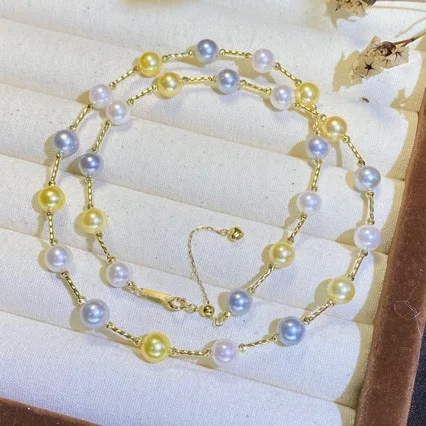 6-7mm Candy Color Natural Freshwater Pearl Starry Necklace Gold Chain Mixed Multi Color Pearl Women Choker Jewelry