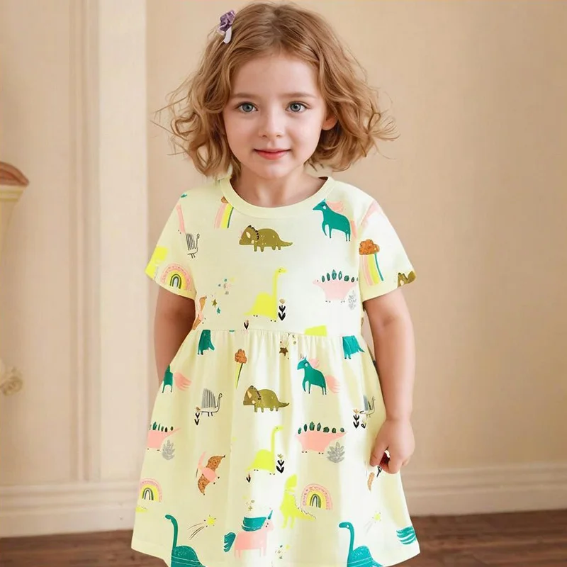 

2025 Summer Girls Princess Dress - Round Neck Short Sleeve Cotton Dress with Fashion Print Toddler Casual Dresses Ages 2-7 Years