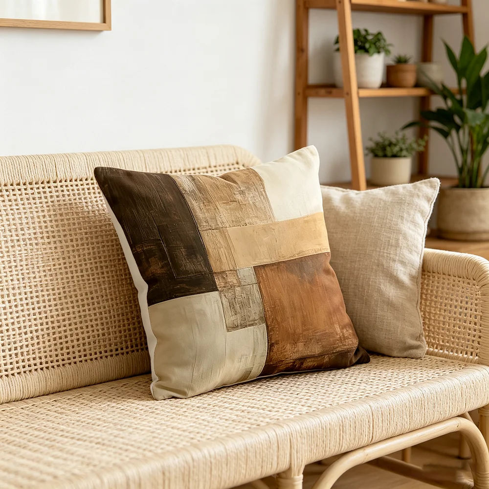 1PC Throw Pillow Cover,Brown Patchwork Color Block Print,Minimalist Modern Style,For Sofa Bedroom Couch Home Decor