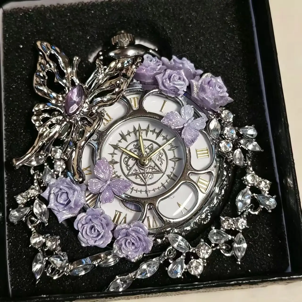 Pocket Watch,Butterfly Rose Crystal Decoration Pocket Watch,Fashionable Pocket Watch,For Classmates/Friends/Family Linked Watch