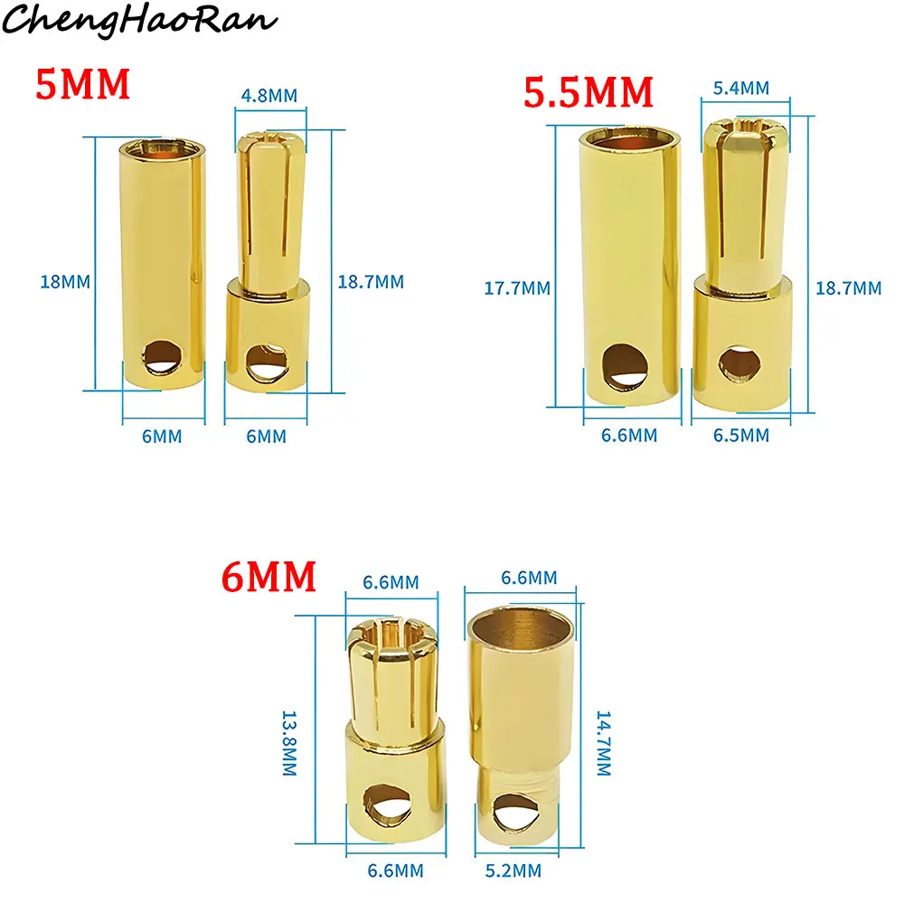 2 шт. 2 мм, 3 мм, 3,5 мм, 4 мм, 5 мм, 5,5 мм, 6 мм, штекер типа «банан», позолоченный медный бесщеточный пулевидный разъем двигателя для батареи ESC, оптовая продажа