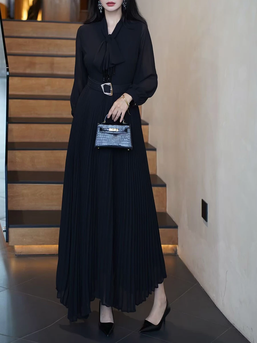 Robe longue plissée transparente VGH Purplered pour invitées de mariage, avec nœuds décoratifs au col, effet amincissant, idéale pour dîners de luxe